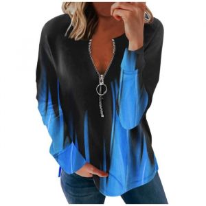 Femme Pente T-shirt Loose Zipper Manche longues coton Col en V Blouse Automne et hiver Bleu