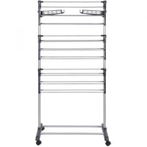 Tancarville 3 Niveaux en Acier Inoxydable Vêtements Pliables Airer avec 4 roulettes à Cintre Sèche-Linge Support Rack Intér A555