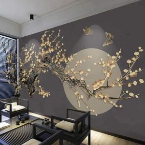 Papier Peint Mural Arbre &agrave; fleurs dor&eacute; de style chinois Mural 3D Mur Photo Fond 200&times;140cm Affiche Murale Maternelle Gar&ccedil;on Chambre