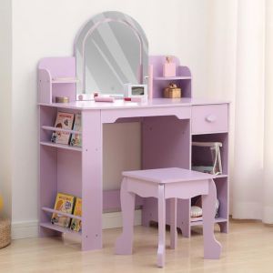 Coiffeuse pour Enfants avec Tabouret et Miroir LED Coiffeuse Fille avec Tiroirs &Eacute;tag&egrave;re Maquillage pour Enfants 3+ ans Violet