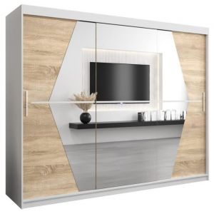 ABIKSMEBLE Boliwia 250 Armoire à Trois Portes Coulissantes  avec Miroir Tringle et Étagères 250x200x62 cm Blanc et Sonoma