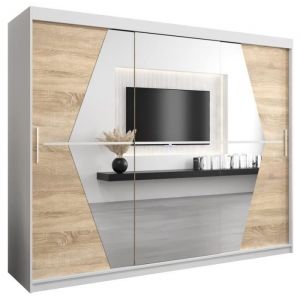 ABIKSMEBLE Boliwia 250 Armoire à Trois Portes Coulissantes  avec Miroir, Tringle et Étagères 250x200x62 cm Blanc et Sonoma