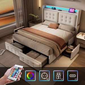 Lit Double Rembourr&eacute; 180x200 cm avec T&ecirc;te De Lit LED et USB-C Lit Coffre avec 4 Tiroirs Sommier Lattes Bois et M&eacute;tal Beige Coton