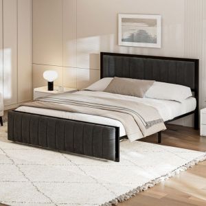 Lit adolescent Lit adulte 140 x 200 cm cadre en fer lit double avec tête de lit rembourrée et repose-pieds (pliable) - Gris foncé