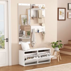 Meuble D&rsquo;entr&eacute;e 4 Pi&egrave;ces avec Miroir et &Eacute;tag&egrave;res &Agrave; Chaussures - Vestiaire Mural avec Porte-Manteau et 6 Crochets - Blanc