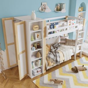 Lit superposé enfants 2 places 90x200cm avec sommier-lit bebe avec grille 6 étagères armoire latérale pine+PB blanc+nature