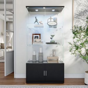 Vitrine en Verre 3 &Eacute;tag&egrave;res Armoire de Vitrine avec LED avec Serrure et Espace de Rangement cach&eacute; pour Chambre et Salon Noir