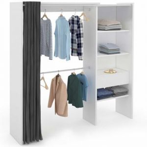 Dressing Extensible - Blanc - 120/170 x 50 x 180 cm - 2 barres de penderie - 4 étagères - Rideau gris