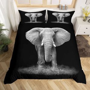 Éléphant Housse de Couette Animaux Sauvages et 3D Vif décor Animal Noir Gris Housse de Couette 140x200cm avec 2 taies doreiller