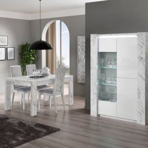 PRAVA - Ensemble S&eacute;jour Blanc et Effet Marbre Table 160cm + Vitrine avec Leds