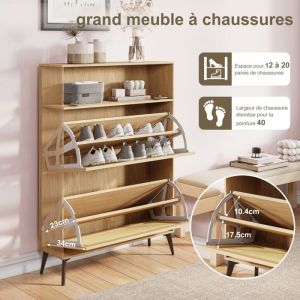 Meuble &agrave; chaussures en rotinMeuble Chaussure Entree3 Abattants12-26 Paires80x24x114 cmpour Couloir ou Hall Dentr&eacute;ebois clair