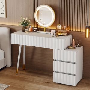 Coiffeuse avec Miroir et &Eacute;clairage LED Table de Maquillage Blanche avec 5 Tiroirs Spacieux Luminosit&eacute; R&eacute;glable (Sans Tabouret)
