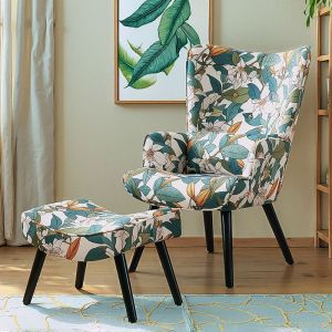Fauteuil dangle HomeMiYN avec coussin et tabouret inclus - Canap&eacute; simple de salon en tissu vert fleuri tropical