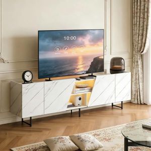 Meuble TV Blanc Moderne Armoire TV LED avec 4 Portes et 2 Etag&egrave;res T&eacute;l&eacute;viseur Jusqu&agrave; 90 pouces L 220 x P 345 x H 677 cm