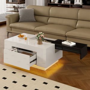 Table basse extensible 80&times;50&times;355 cm - REDOM - avec &eacute;clairage LED et rangement - en MDF noir et blanc laqu&eacute;
