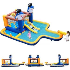 GOPLUS 7 en 1 Château Gonflable Enfants 3-10 Ans Aquatique sans Souffleur-Piscine/Toboggan/Jeu de Boxe/Canon à Eau-Charge 45+45KG