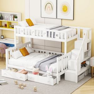 Lit superposé enfant 90/140 x 200 cm Lit adulte Lit double en bois avec échelle de rangement 2 tiroirs et sommiers à lattes - blanc