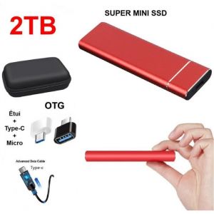 Disque Dur Externe SSD Portable 2TB 2To Rouge avec OTG + &Eacute;tui Housse Sac de Protection HDD pour PC Ordinateur T&eacute;l&eacute;phone Mobile