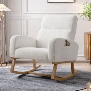Fauteuil &agrave; Bascule- SOMUBI - Rocking Chair avec rangement de poche -pieds en bois massif  -Style Scandinave -Salon-Chambre- Blanc