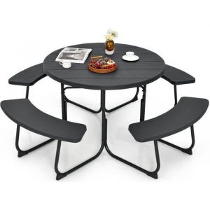 COSTWAY Ensemble de Table Ronde de Pique-nique et 4 Bancs pour 8 Personnes Trou pour Parasol pour Patio Jardin Noir