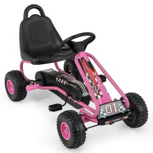 Kart à Pédale Enfant DREAMADE Go-Kart dExtérieur avec Siège Réglable Charge Maximale 30KG 4 Roulettes Rose