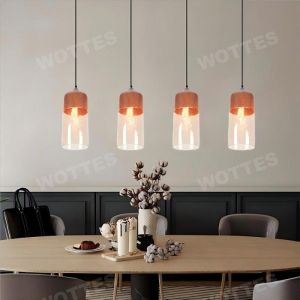WOTTES Moderne Lustre en Verre &Oslash;13cm 4pcs Suspension Abat-jour en Bois et Transparent Brun E27 Luminaire de Salle &agrave; Manger