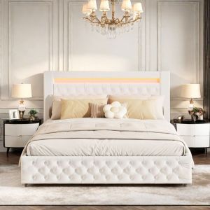 Lit Coffre 160x200 avec Sommier Cadre de Lit Double Lit Rembourré en PU Lit Adulte Lit de Rangement Lit Capitonné Blanc