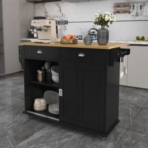 Desserte de Cuisine à Roulettes 2 tiroirs -  îlot Chariot de Cuisine avec - lan de travail pliable aspect bois massif - Noir