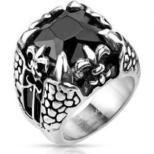 Bague homme acier pierre noire onyx fleur de lys griffe dragon gothique (60)