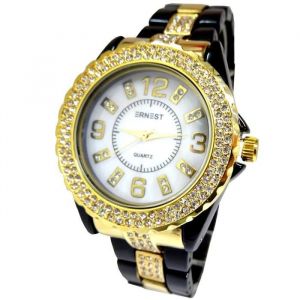 MONTRE ERNEST FEMME ACIER NOIR OR DORE BLANC TOP LUXE BIJOUX STRASS QUARTZ ID&Eacute;E CADEAU