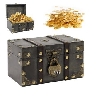 Coffre tr&eacute;sor bois pirate - 1 pi&egrave;ce 18x11x10cm serrure combinaison vintage - Convient pour enfants bijoux tirelire &Eacute;tiquette