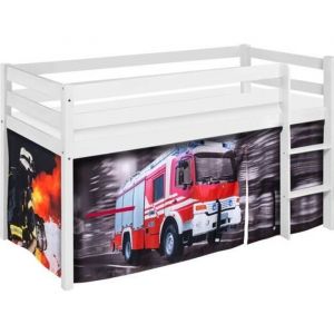 Lit sur&eacute;lev&eacute; ludique JELLE 90x190 cm Pompiers - LILOKIDS - bois massif blanc laqu&eacute; - avec rideaux