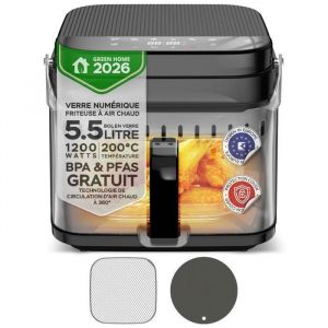 Friteuse &agrave; air chaud TURBOTRONIC AFG5 &ndash; 55 L XXL &ndash; Cuve en verre sans BPA & PFAS &ndash; 8 programmes automatiques &ndash; Noir