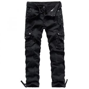 Homme Pantalon Cargo en Coton Coupe Droite Pantalon Multipoches Militaire Couleur Unie - Noir