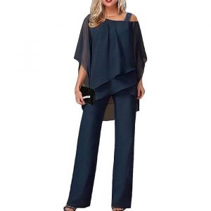 Ensemble de Vetements Femme 2 Pièces Costume De Soirée Cocktail Bal 3/4 Manches Et Taille Haute Costume en Tulle Tenue Bleu foncé
