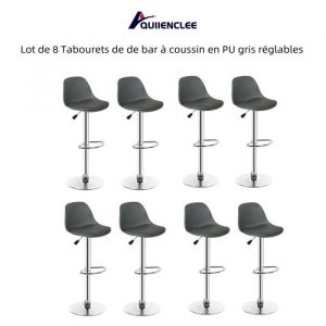 QUIIENCLEE Lot de 8 Tabourets de de bar &agrave; coussin en PU gris r&eacute;glables en Hauteur 43 x 38 x 83-103 cm