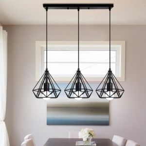 IDEGU 3 Lampes Suspensions Industrielle Vintage Noir Lustre Luminaire en Cage Diamant Fer Forge pour Salon Chambre