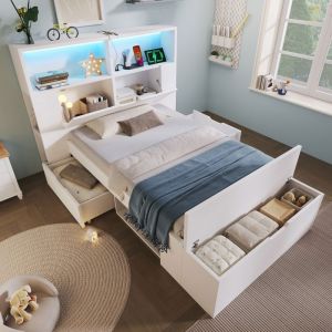 Lit simple 90x200 cm blanc avec rangements LED Bluetooth ports USB-C tiroirs banc coffre &eacute;tag&egrave;res et sommier inclus