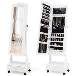 RELAX4LIFE Armoire à Bijoux sur Pied avec LED Miroir Pleine à 3 Angles Réglables & Serrure & 4 Roulettes 45 x 35 x 157 cm Blanc