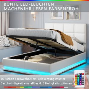 GARHELPER Lit Coffre Capitonné en Simili Cuir Blanc 140×200cm avec LED et Sommier à Lattes Tige Pneumatique Lit double Lit ado