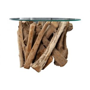 Table basse ronde ARBOREA 70 cm &ndash; Table basse en bois de teck avec plateau en verre tremp&eacute;