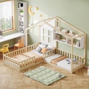 Lit Cabane Enfant 2 Places pour Fille Garcon Lit Au Sol Enfant 90x200cm et 70x140cm Lit Montessori avec étagère et Fenêtres Bois