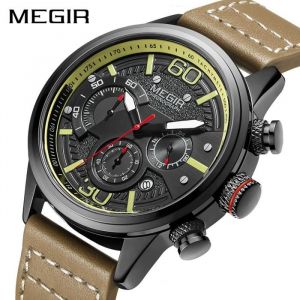 Megir - Montres de sport de luxe pour hommes - Bracelet en cuir Montre-bracelet &agrave; quartz Lumineuse &Eacute;tanche Calendrier Homme Horloge