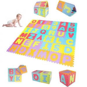 Tapis mousse bébé puzzle - Alphabet et chiffres - Bleu - 36 dalles