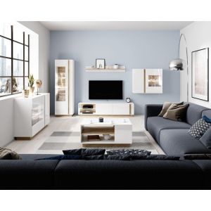 S&eacute;jour complet avec Buffet bas Meuble t&eacute;le Table basse et Vitrine haute - BRYCE - Blanc brillant