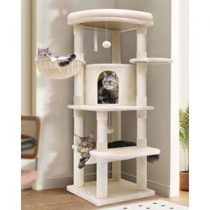 Arbre &agrave; chat 130 cm avec grandes plateformes en &eacute;ventailniches douceshamacpaniersolide &agrave; 90&deg; pour coinpour 3-4 gros chatsbeige
