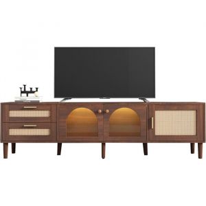 Meuble TV de salon avec LED-Meuble TV bas-Table pour TV de 200cm-2 tiroirs en rotin2 portes en verre bombées et 1 porte en rotin