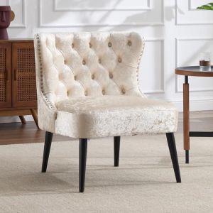 chairus Fauteuil Velours avec Pieds Bois Chaise de Salon pour Chambre Fauteuil Crapaud avec Rivets et Boutons Décoratifs Beige