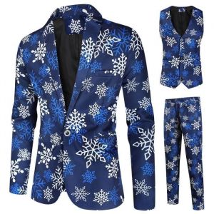 Costume Homme 3 Pi&egrave;ces &agrave; imprim&eacute; No&euml;l F&ecirc;te Soir&eacute;e Mariage Business Fit Grande V&ecirc;Tements Masculin WX65 Bleu fonc&eacute;