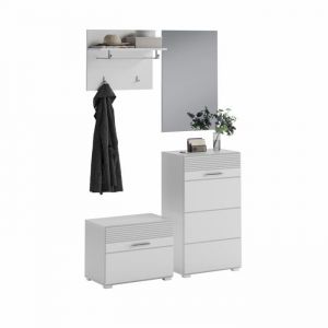 Ensemble de meuble dentrée : Miroir + meuble à chaussures + porte manteau + meuble de rangement – Blanc laqué – KLEANKIN